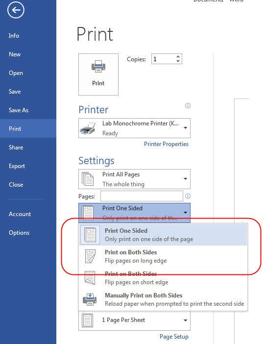 Print Screen on Microsoft Word. Under Settings, list of printer settings are shown. "Print One Sided" and "Print on Both Sides" are highlighted.