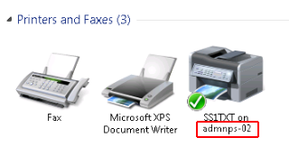 Devices and Printer Window. Printers and Faxes Section. The Printer server name after change is "SS1TXT on admnps-02", where admnps-02 is highlighted.