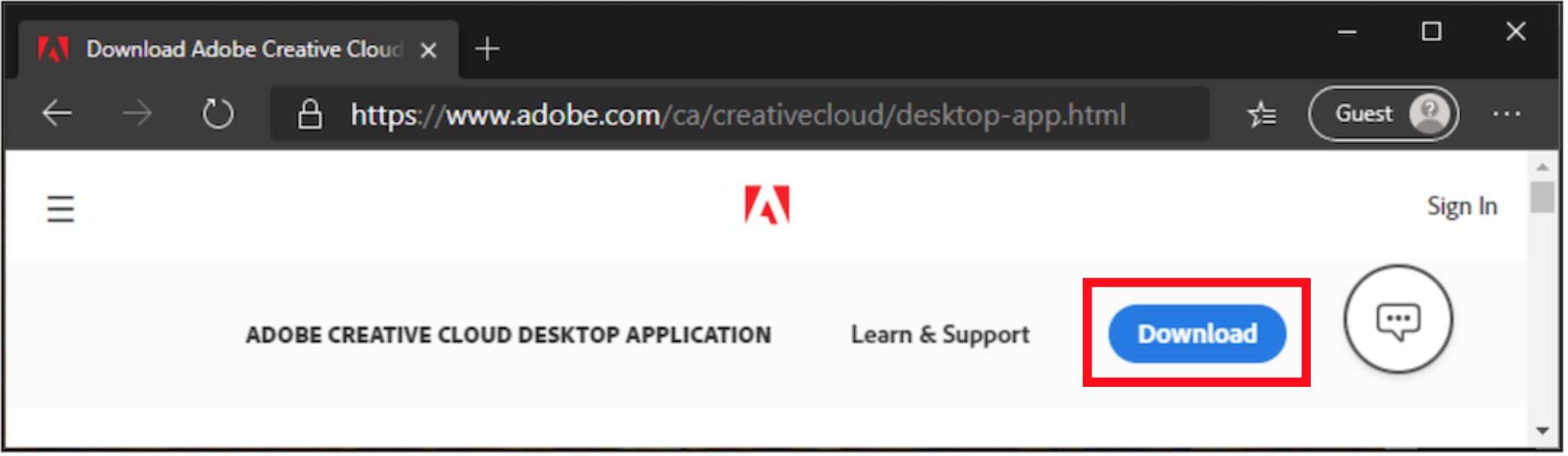 The Adobe screen displays the blue 'download' button on the top right corner to download the Adobe Creative Cloud Desktop App. 