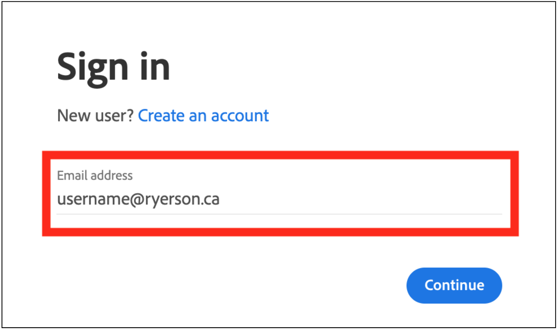 The Adobe 'sign in' screen displays the email address field and a blue 'continue' button.  