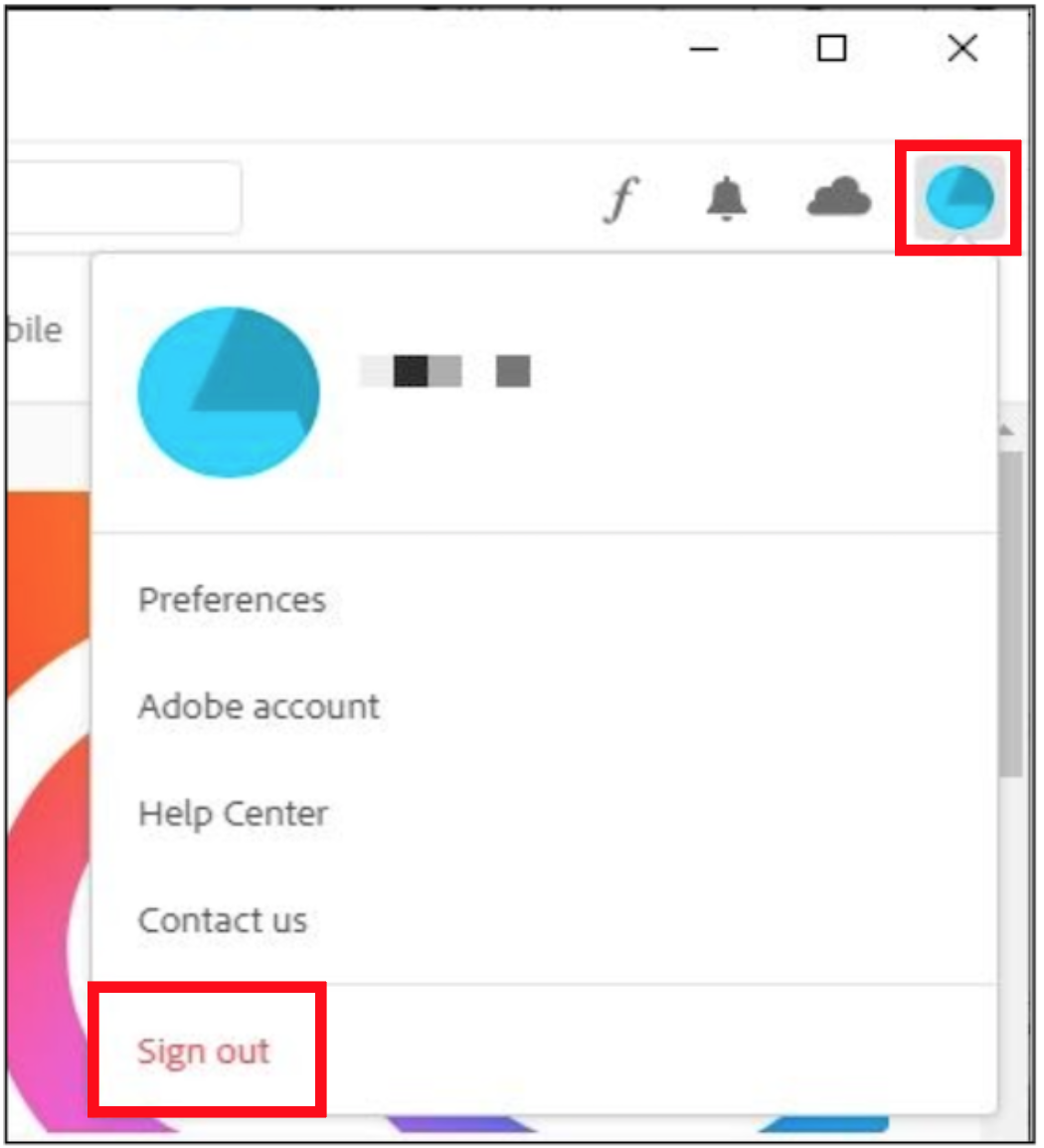 The Adobe Creative Cloud homepage shows a blue profile circle on the top-right corner, that when clicked, gives the user an option to sign out from the Adobe account.