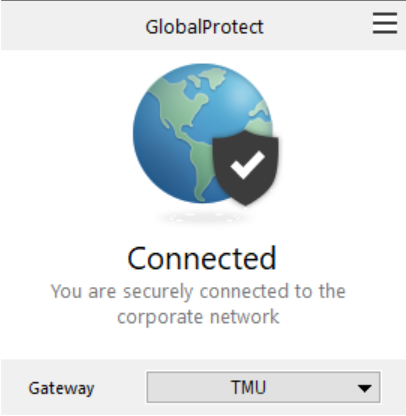 GlobalProtect gateway with TMU selected and 'Connected' status