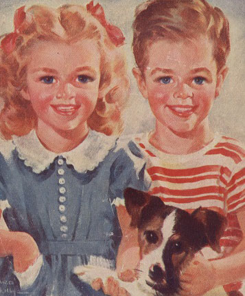 Comic book image of rosy-cheeked girl and boy and their dog