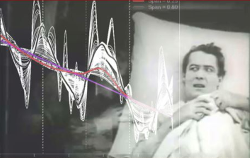 Silent film image of man in a bed looking alarmed with an overlay of a graph