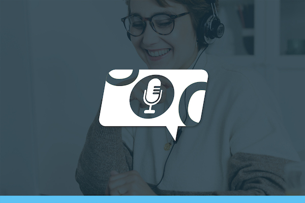 Image of woman smiling with an icon of a microphone in a chat bubble overlay in the foreground