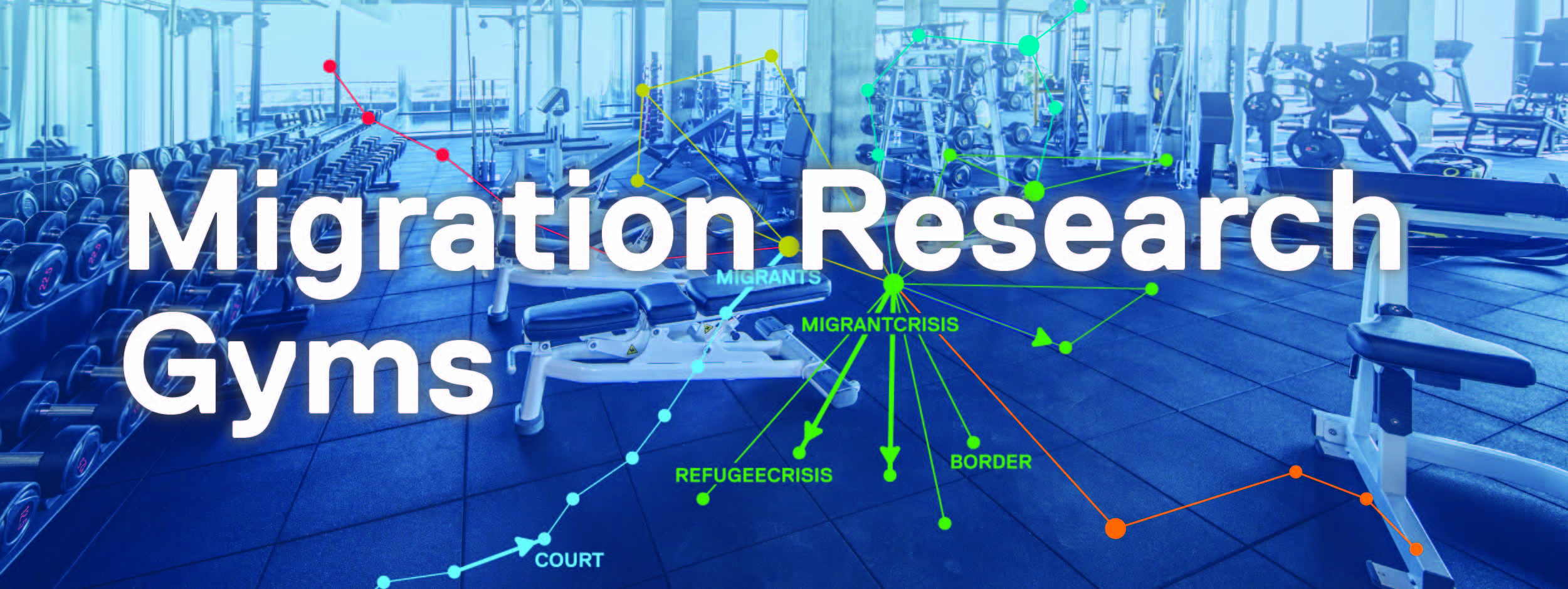 Migration Research Gyms banner. Background of a workout gym with coloured lines overlay 
