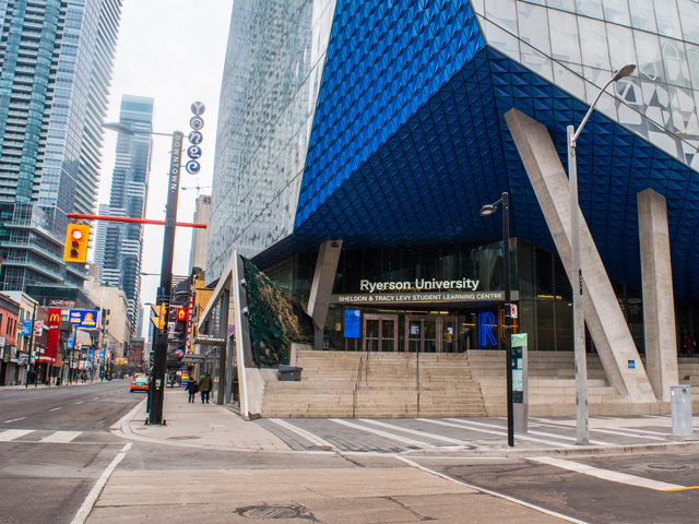 Outdoor view of the Student Learning Centre at the corner of Yonge Street in downtown Toronto.