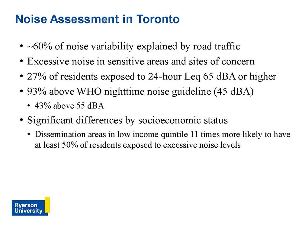 Screen cap of slide with data regarding noise assessment in Toronto