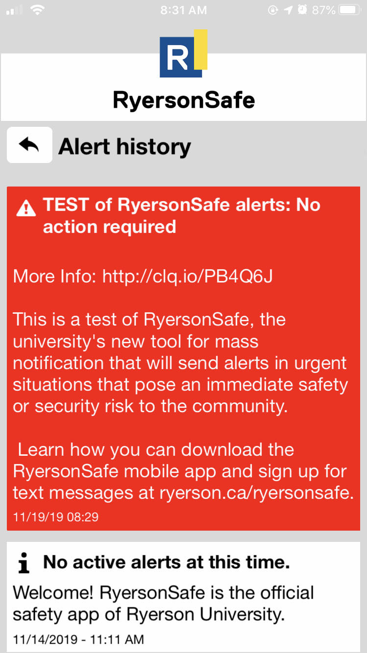 An example from the RyersonSafe mobile app alert history screen, displaying more details about a test alert.