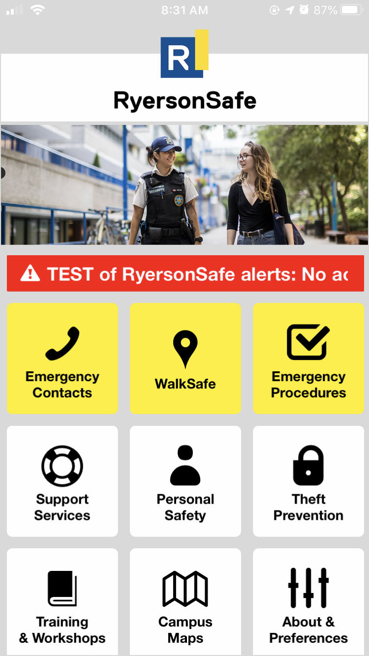 The RyersonSafe mobile app homescreen displaying a test alert.