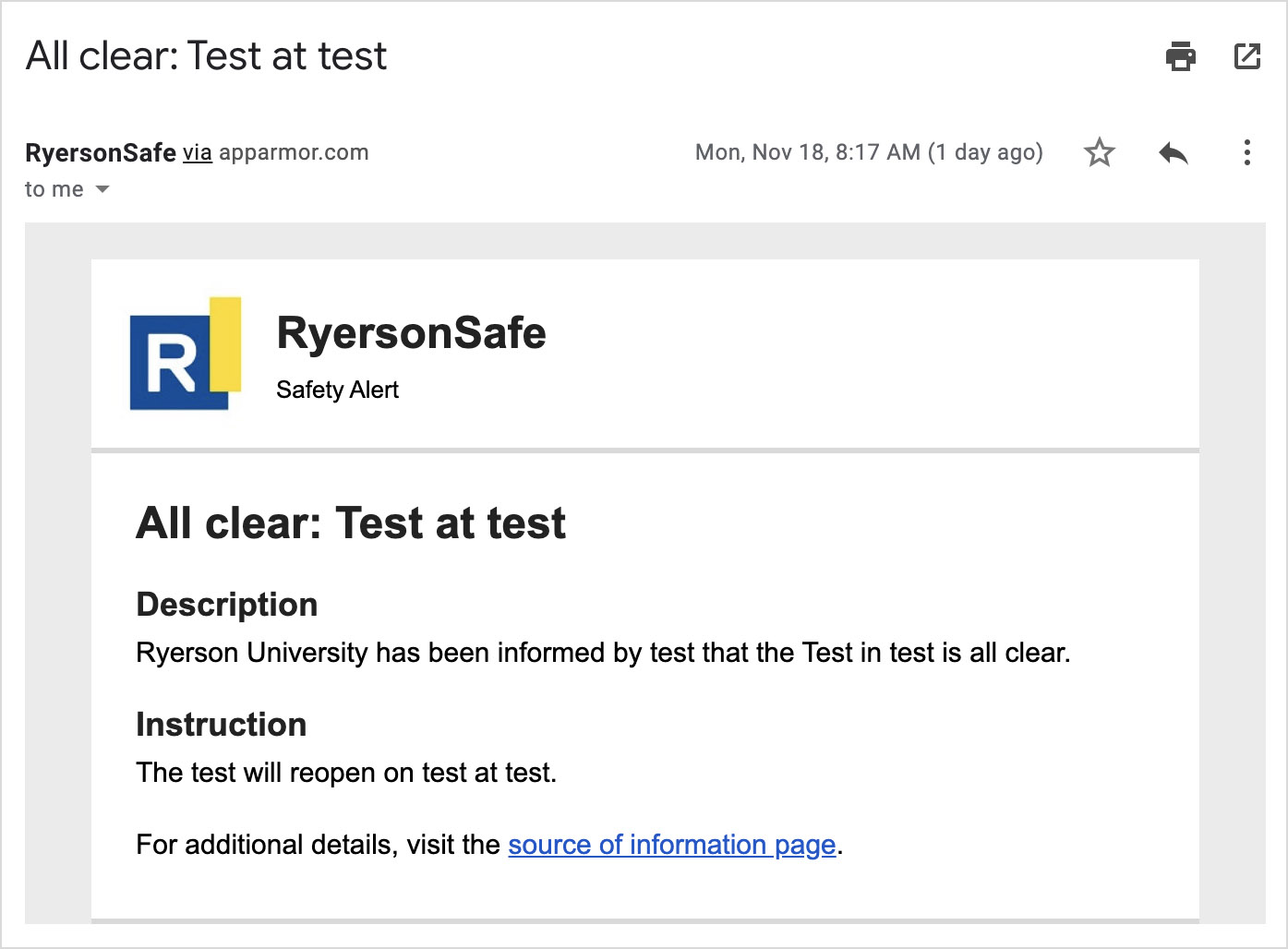 An example of an email message indicating a test alert.
