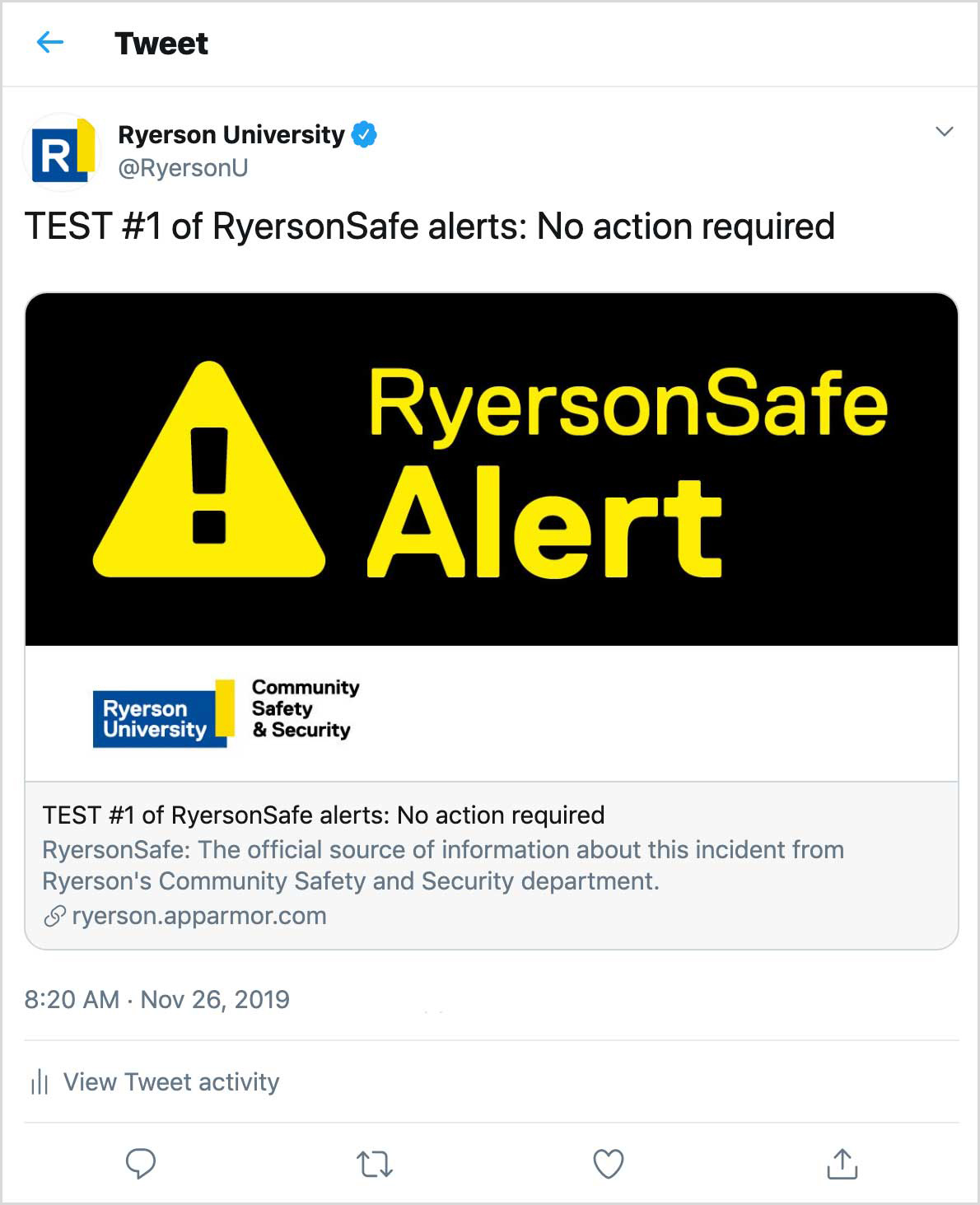 A Tweet from Ryerson University with test alert content pointing to RyersonSafe.