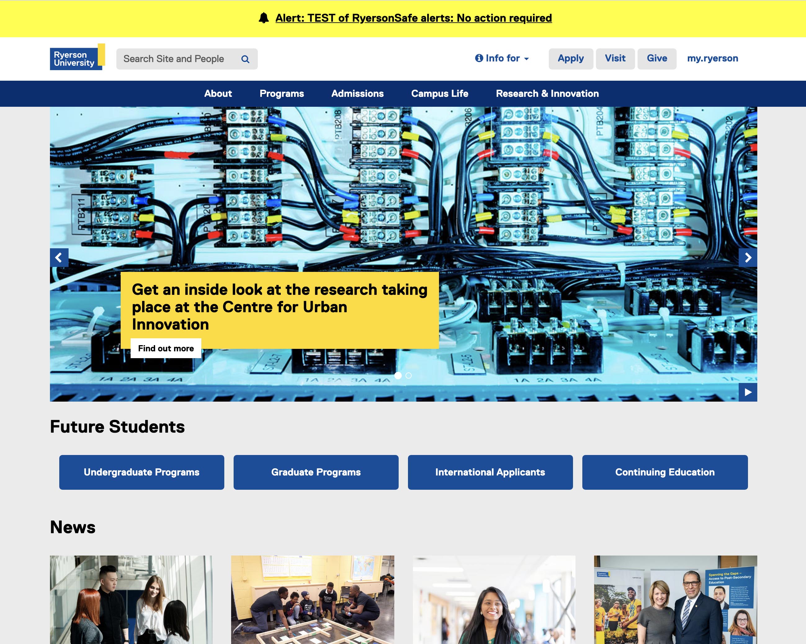 The Ryerson website homepage with a yellow alert bar at the top of the page.