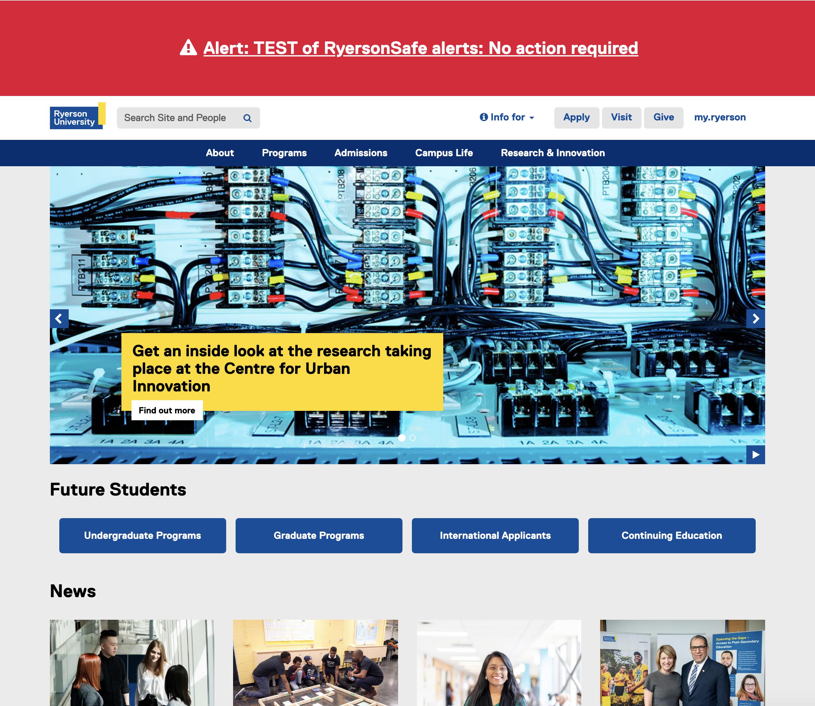 The Ryerson website homepage with a red alert bar at the top of the page.