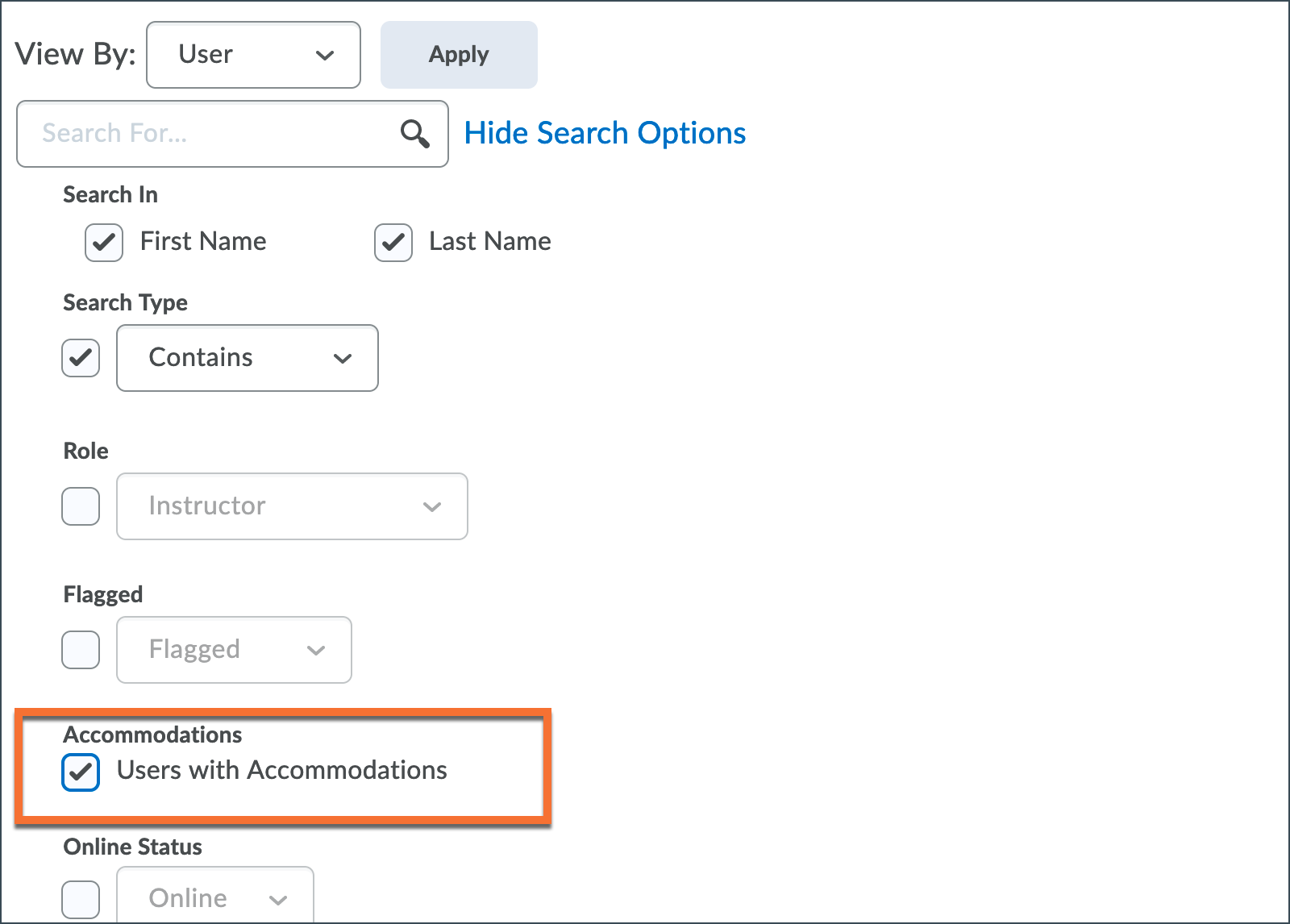 Select to filter the classlist by users with Accommodations set
