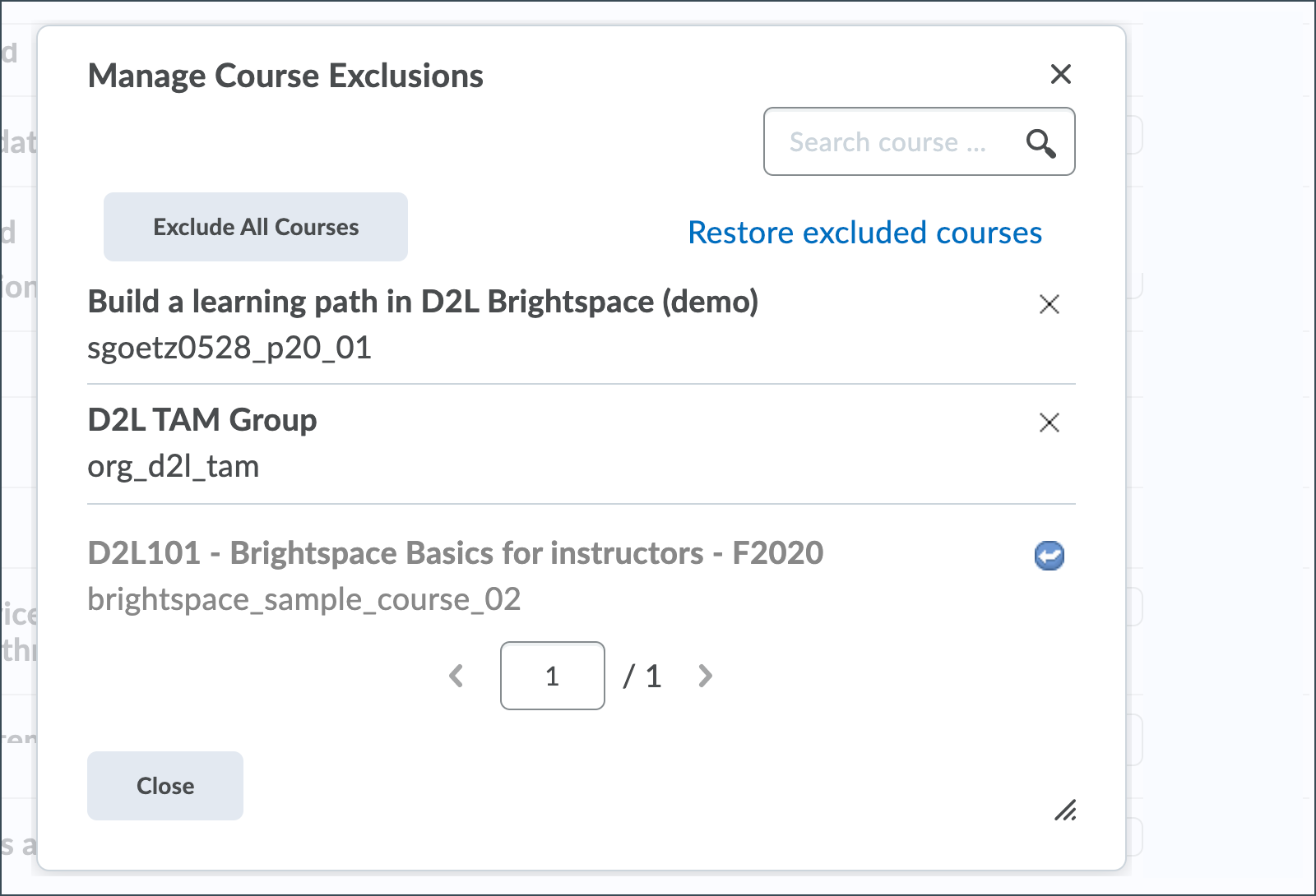 View a list of your Brightspace shells and select which to exclude from Notifications.
