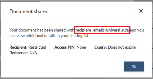 The Document Shared pop-up window with the recipient email address highlighted.