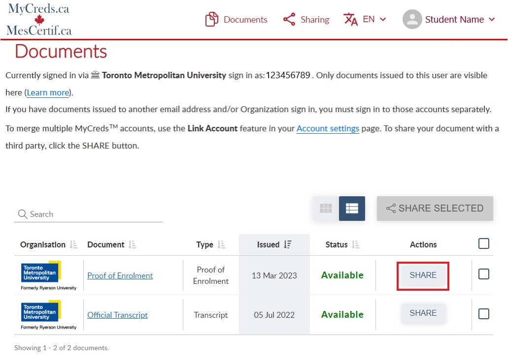 Mycreds website highlighting the share button on proof of enrolment MyCreds Documents.