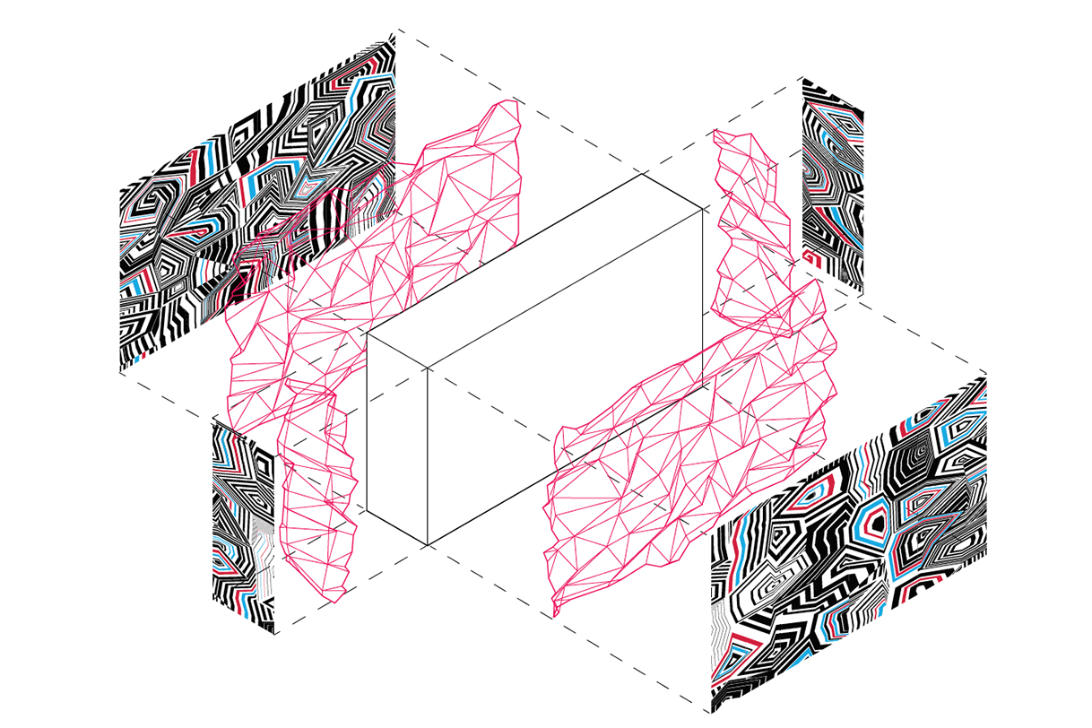 A digital illustration of geometric patterns projected onto each side of a block. 