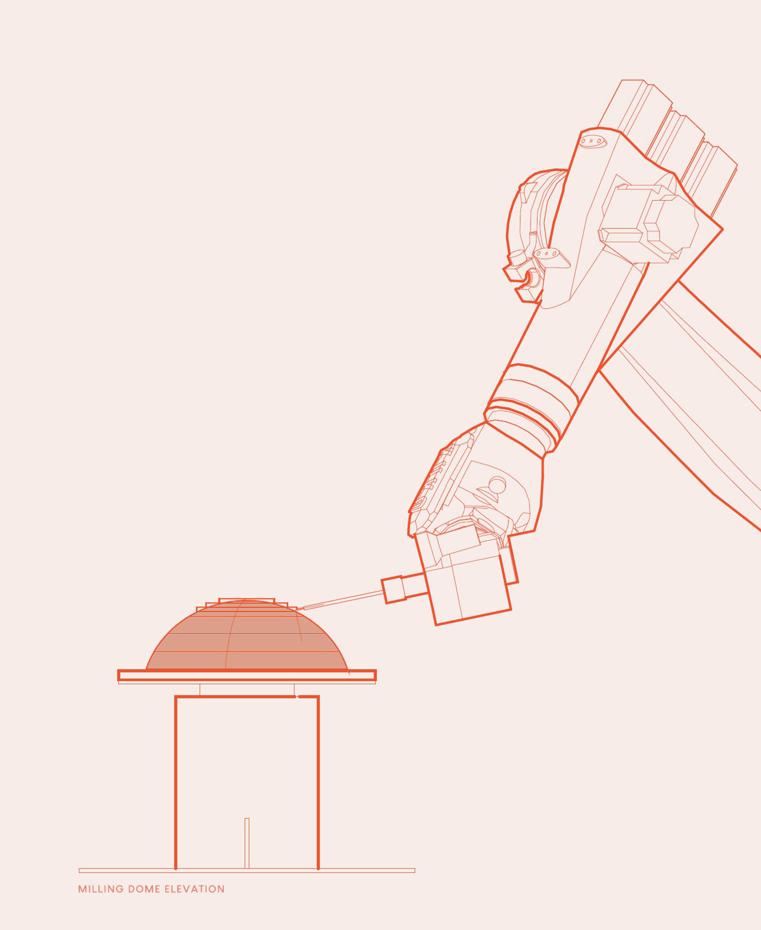 An illustration of a large robotic arm 3D printing a dome shape.