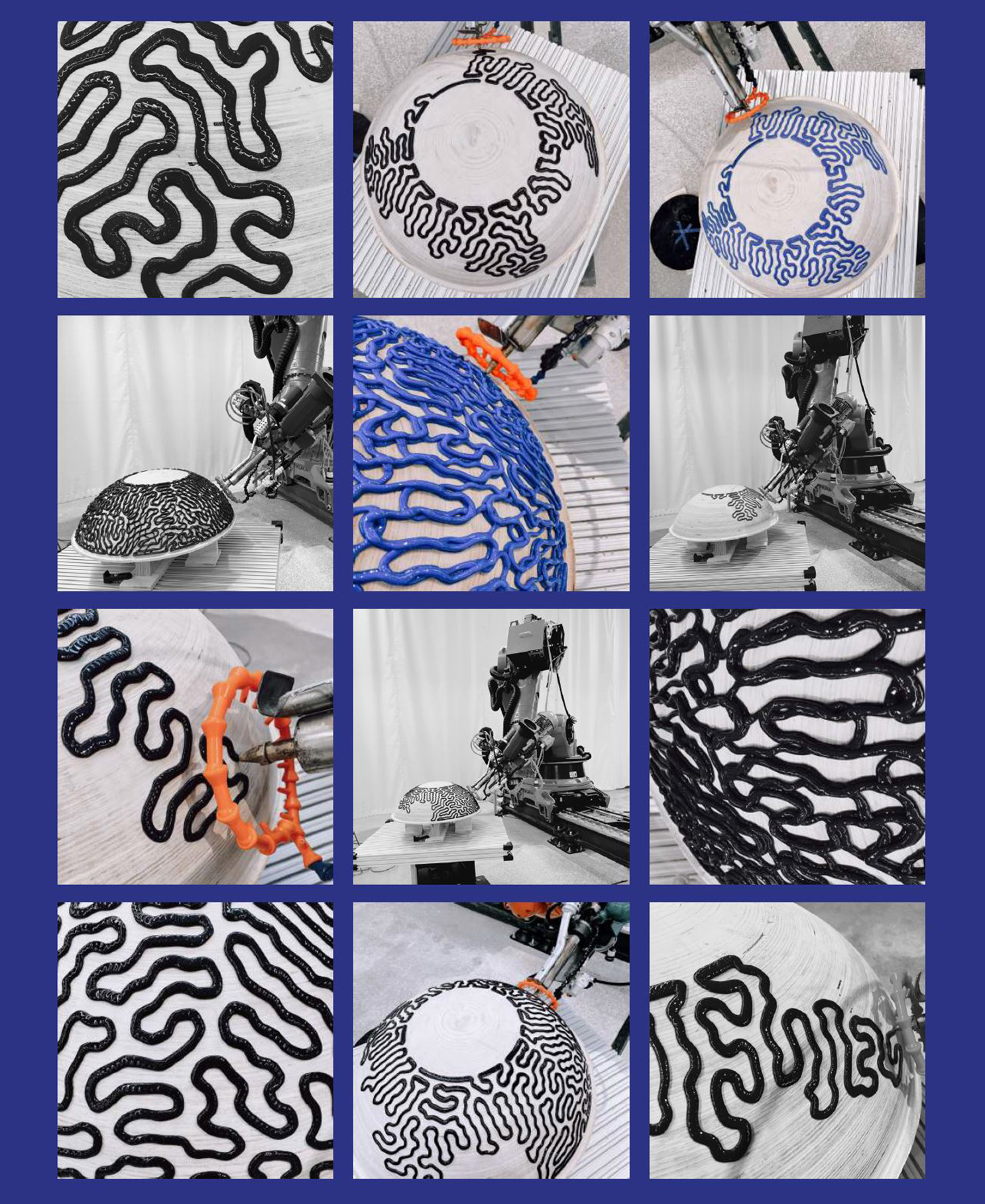 A collage of images from a 3D printing project. Blue and black plastic being extruded over a dome-shaped wooden form, covering the surface with squiggles.