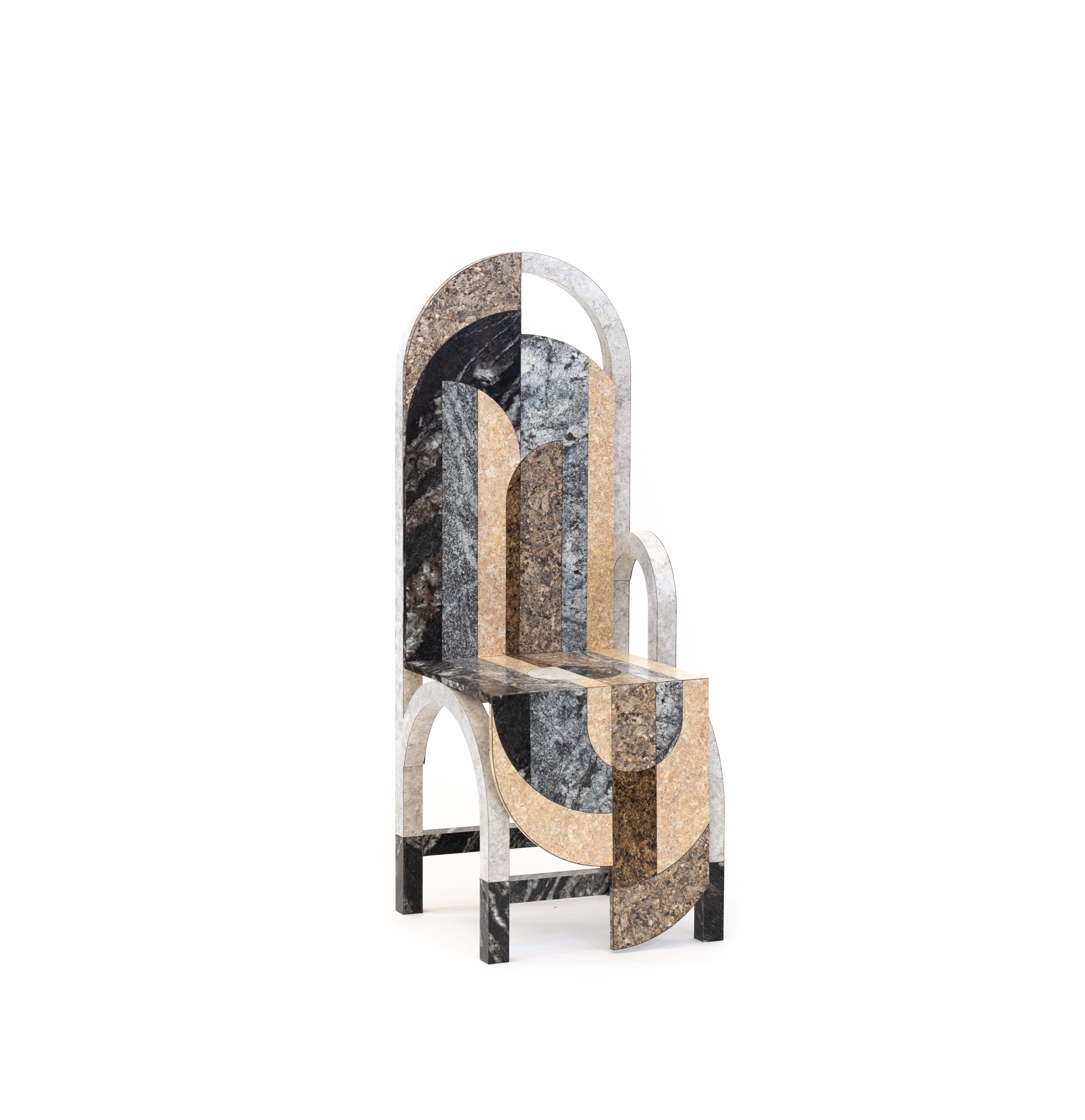 An elaborate chair with marbled white, black and brown arched semi-circle shapes layered on the surface.