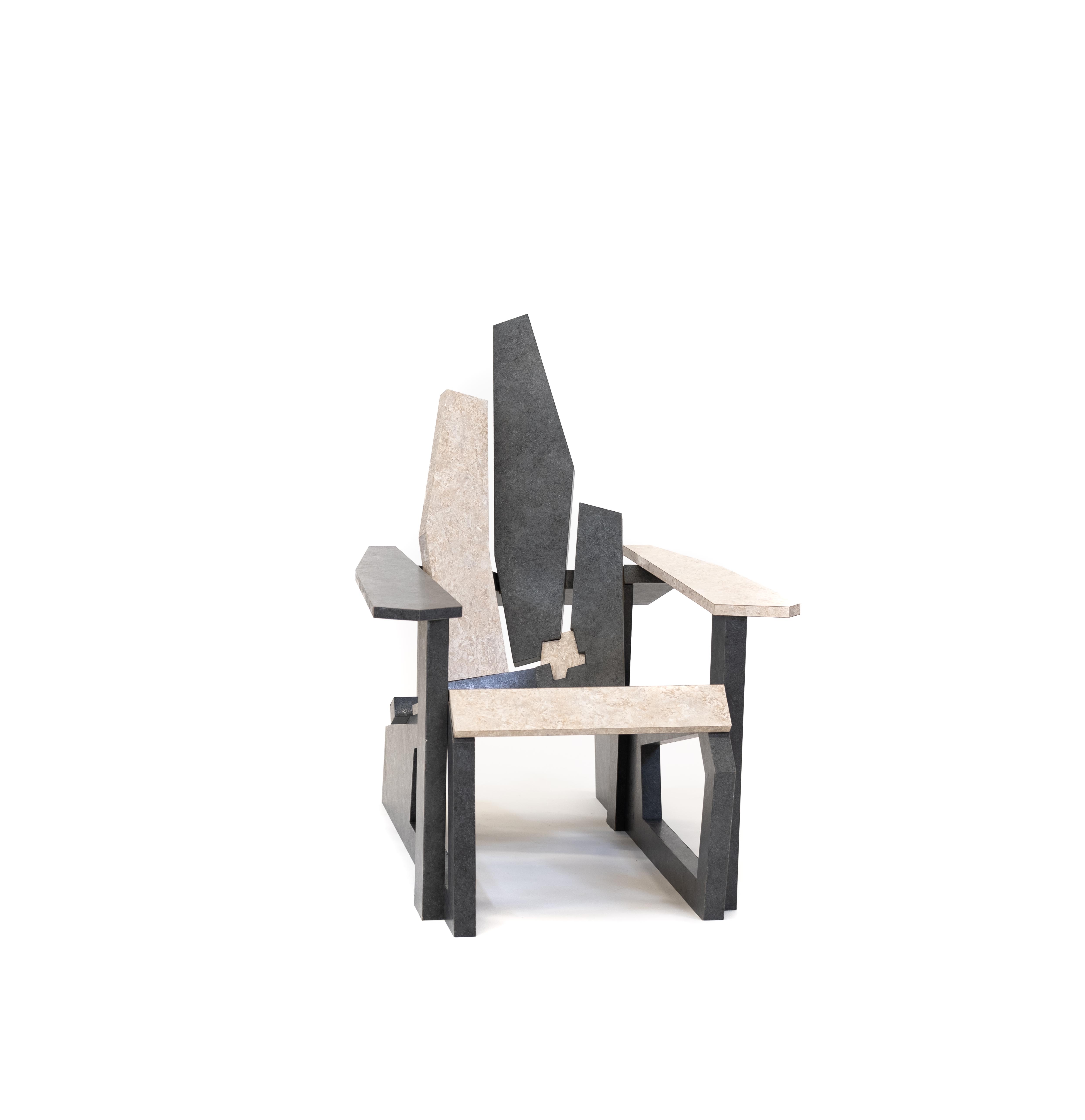 various jagged-looking grey shapes are assembled in the shape of a Muskoka chair. 