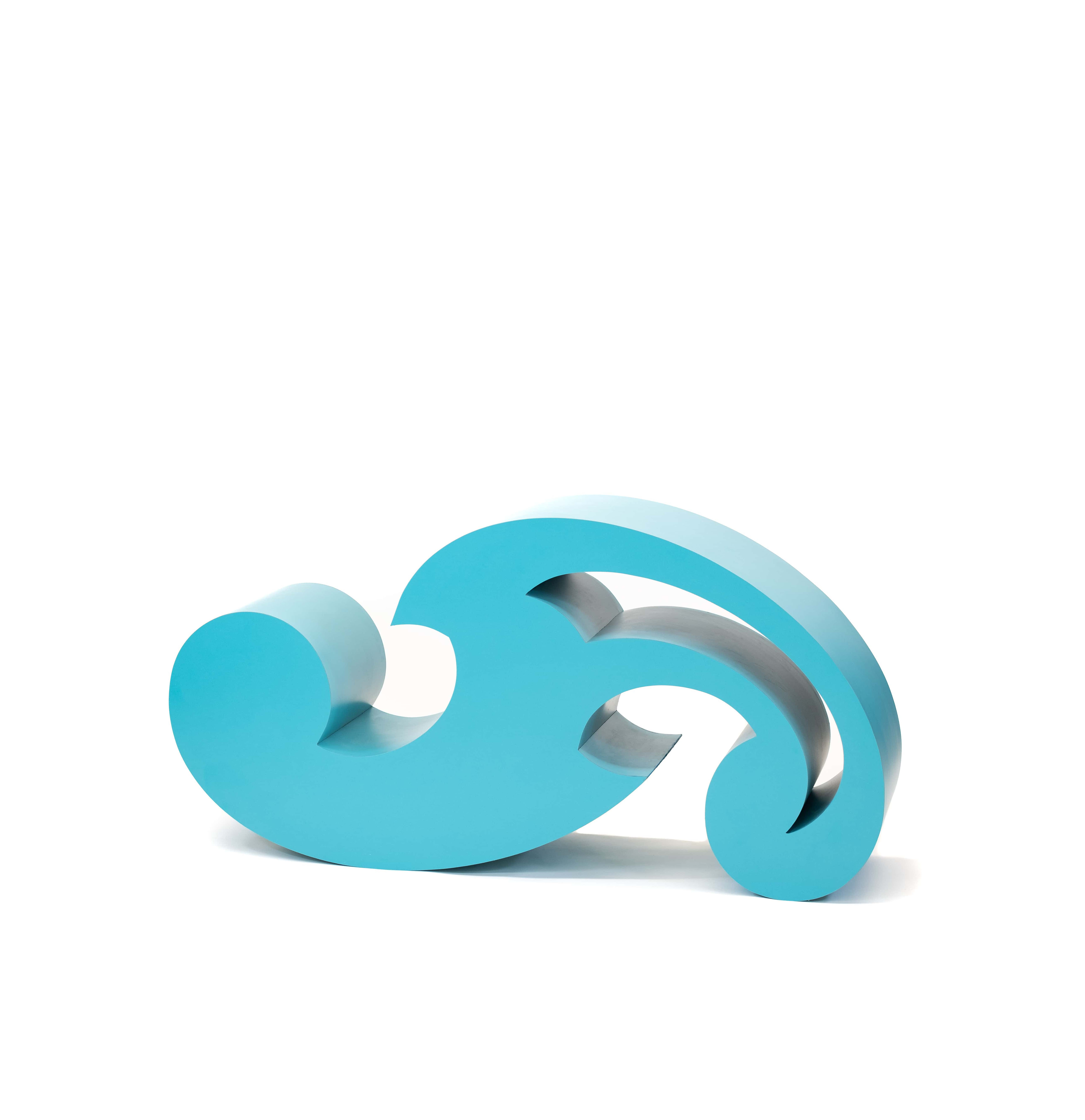 A 3D, curved, blue form, resembling a particular design motif.
