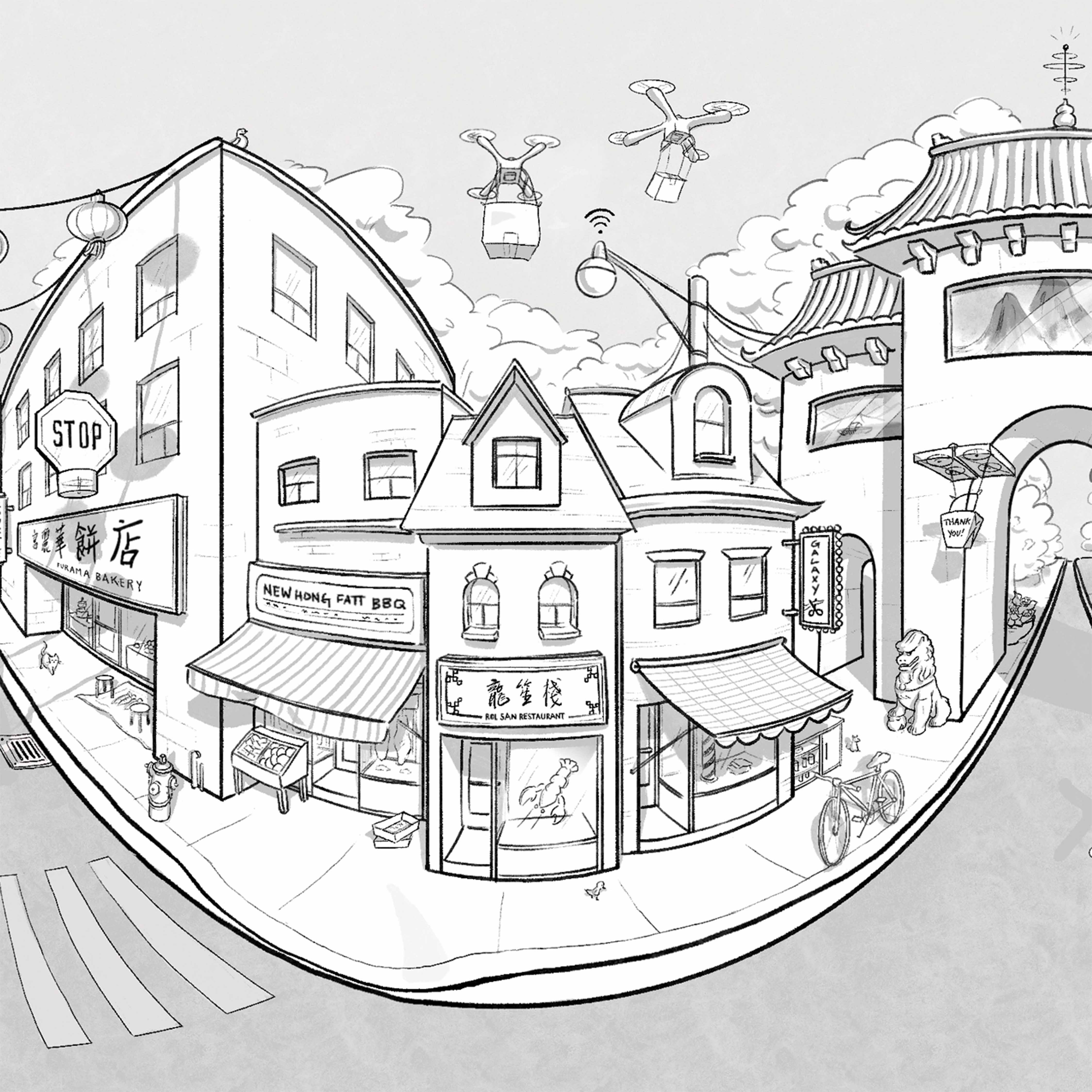 A cartoon-styled streetscape, distorted to resemble a fisheye lens. There appear to be structures flying in the sky.