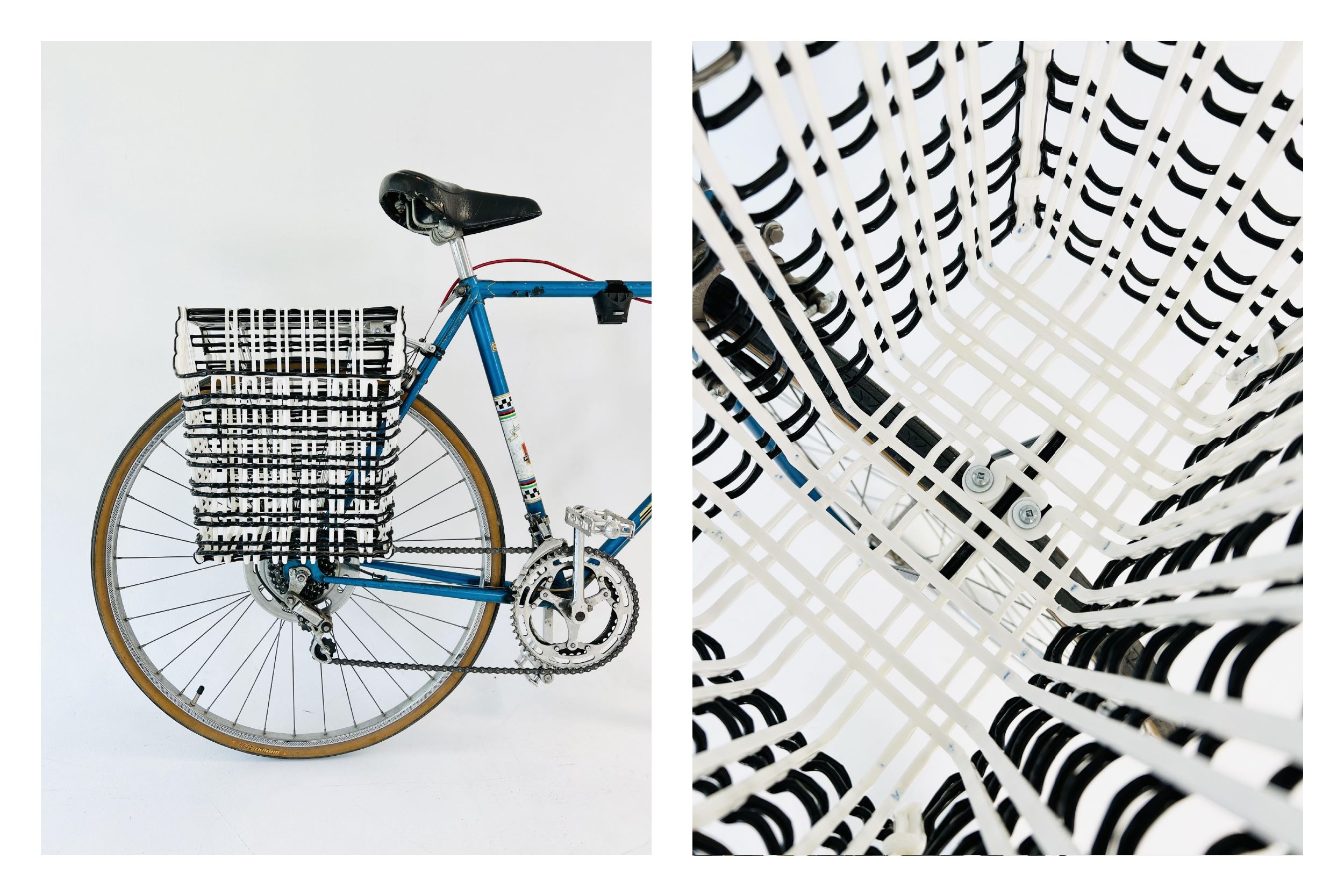 Black and white plastic lines are melted into the shape of bike pannier baskets.