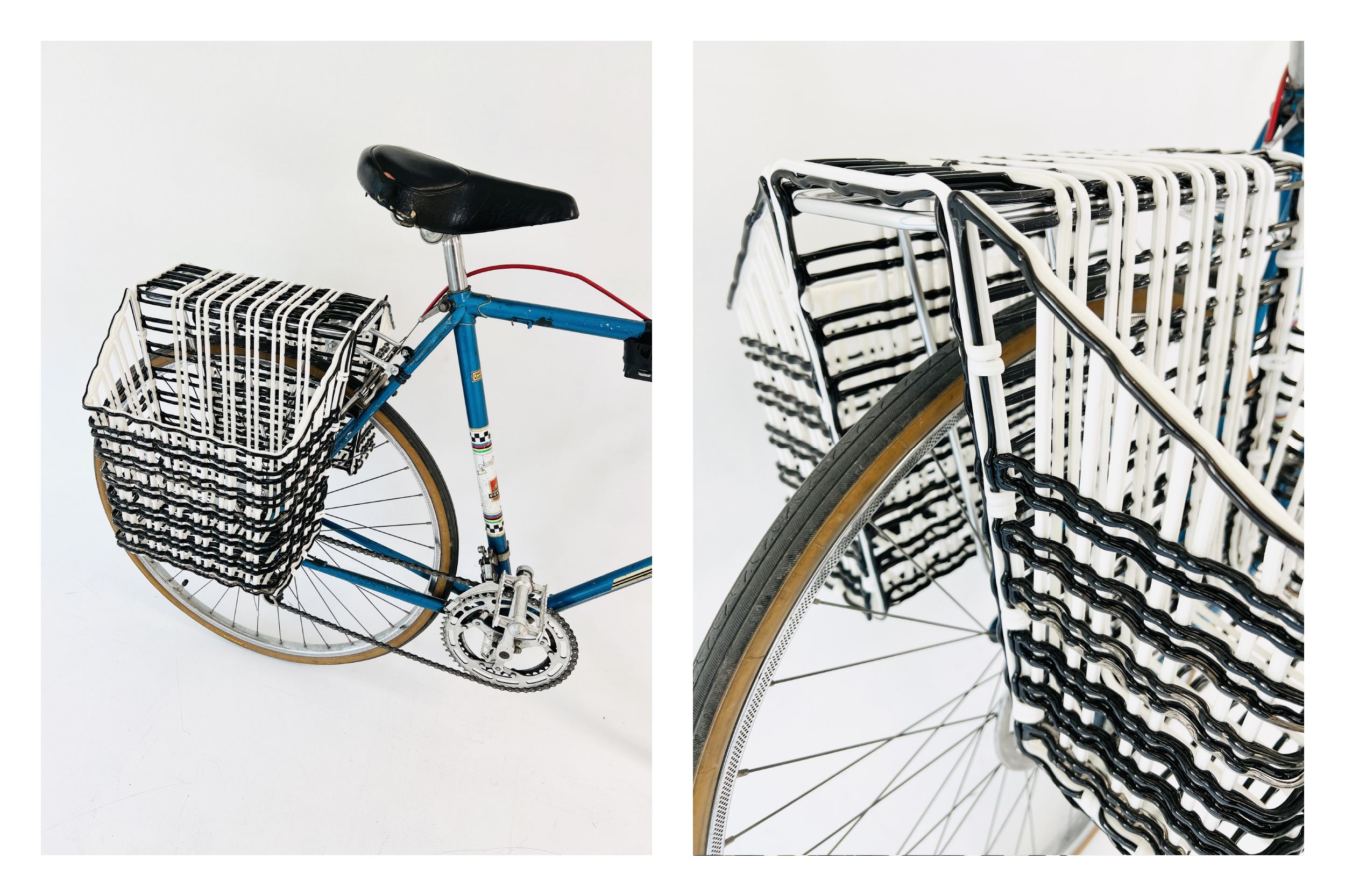 Black and white plastic lines are melted into the shape of bike pannier baskets.