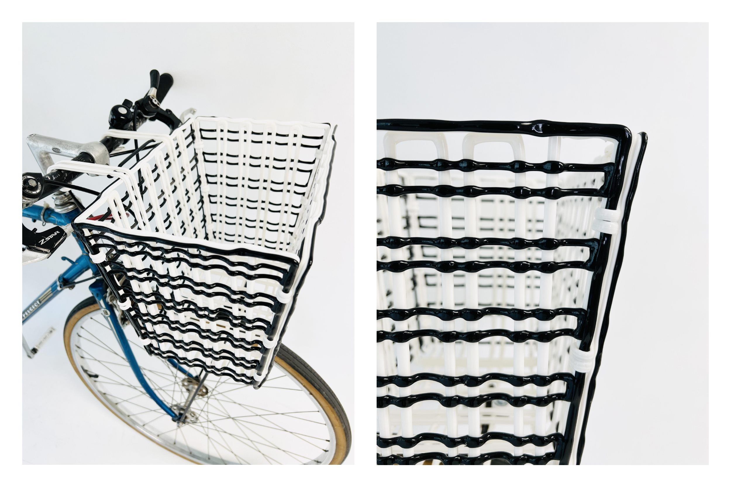 Black and white plastic lines are melted into the shape of bike handlebar basket.