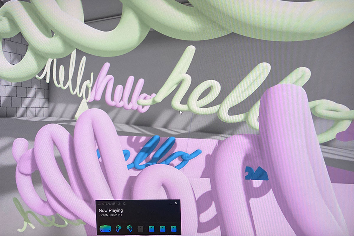 A screenshot of a virtual reality environment. There is a series of "hello" words covering the screen, all with bubbly textures and written in light pink or neon green.