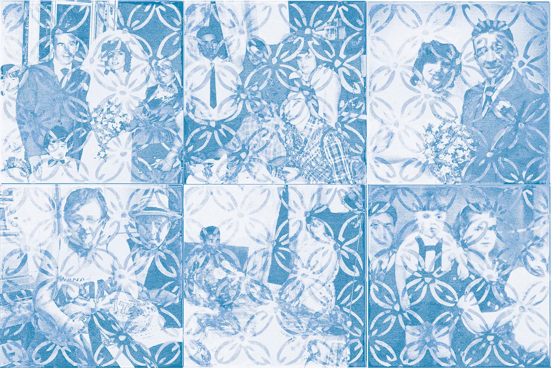Blue and white portraits of people printed with an overlay of a repeating flower pattern. 