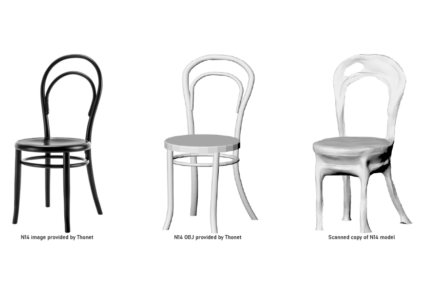 Comparison of a photo of the chair, 3d Model of the chair and the 3D scan of the chair. Each chair gets progressively more blobby and distorted. 