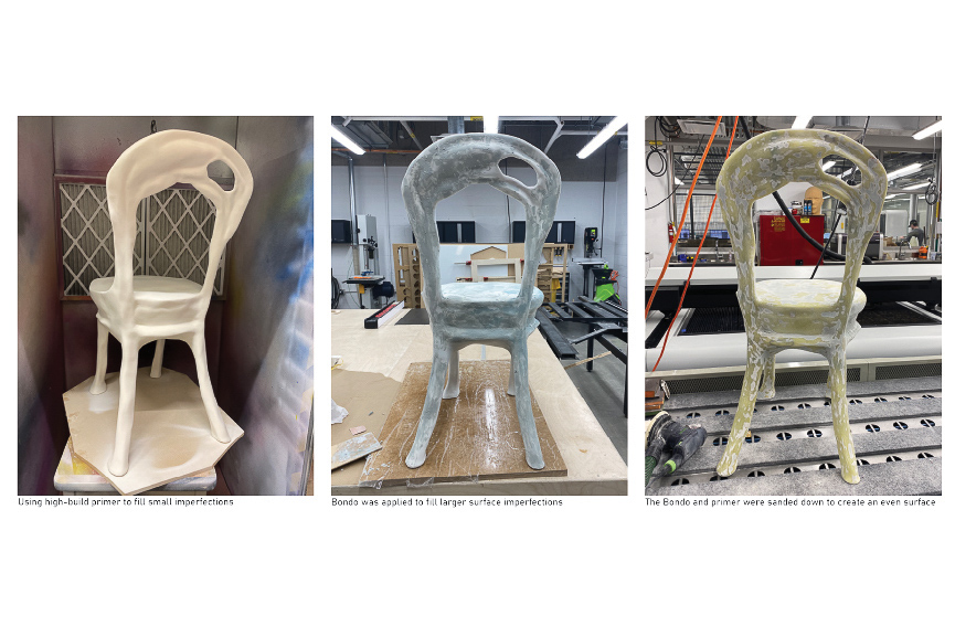 A chair in various settings, being spray painted, sanded and coated.