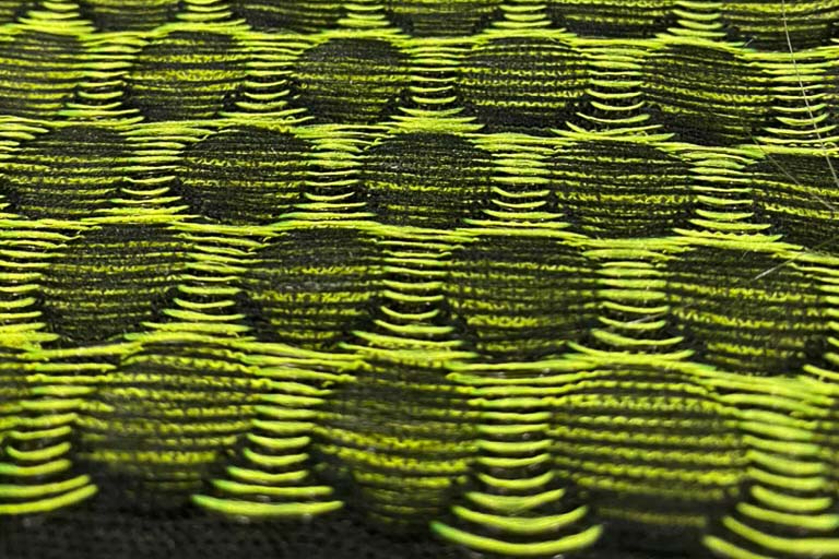 Close-up image of a machine-knit pattern. Neon green and black threads are knit together into a bubble-like design. 