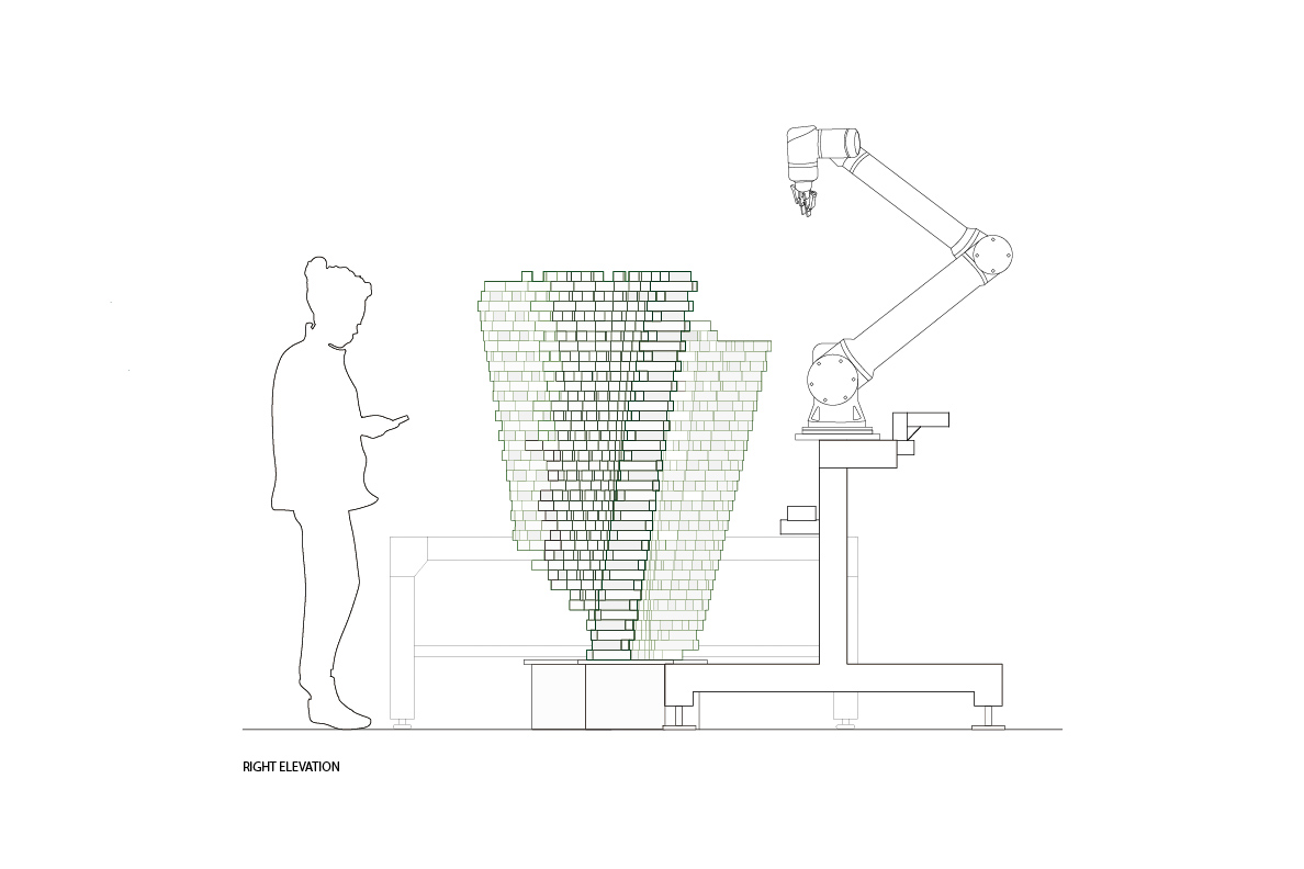 A digital export of a sculpture design of stacked uniform blocks on an elevated platform. There is a robotic arm on one side of the sculpture, and a human operator on the other. 