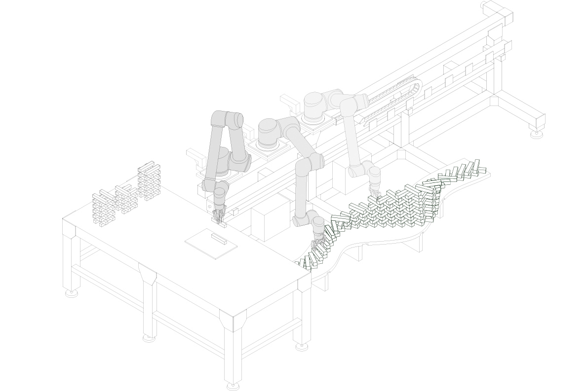 A digital export of a robotic system assembling a sculpture made from stacked uniform blocks on an elevated platform.