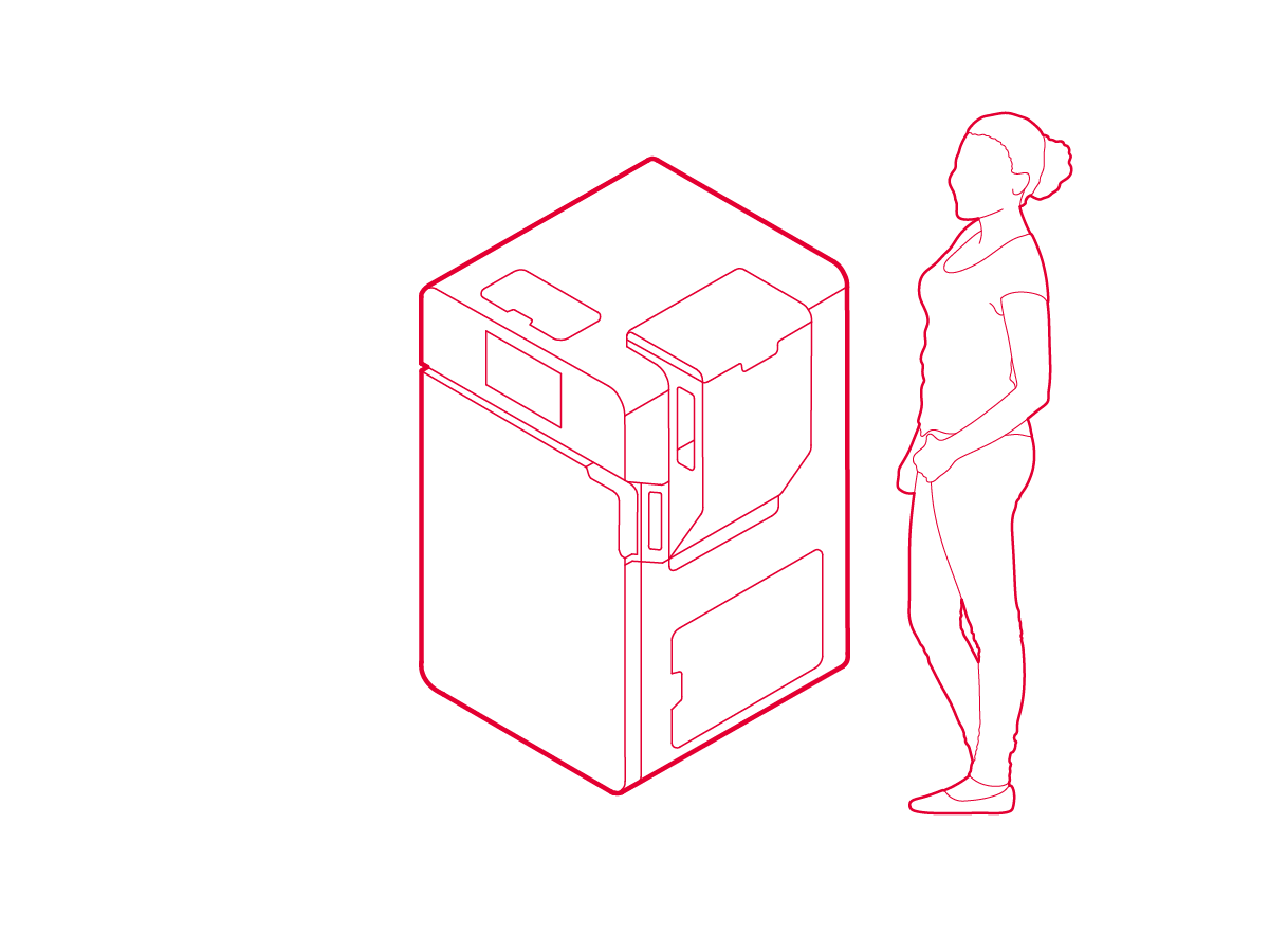 Isometric line drawing of the Formlabs Fuse 1 SLS 3D printing machine, with a human beside it for scale.