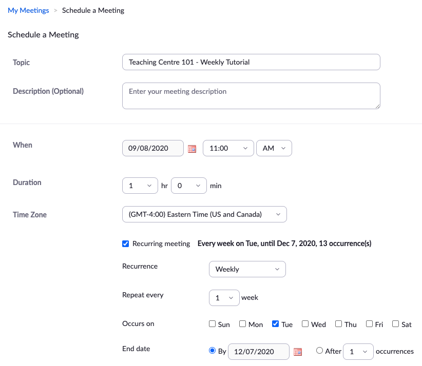 Screenshot of Schedule a Meeting page. Enter title of event in Topic field. Check Recurring meeting. For simplicity, use recurrence weekly and use semester end date.