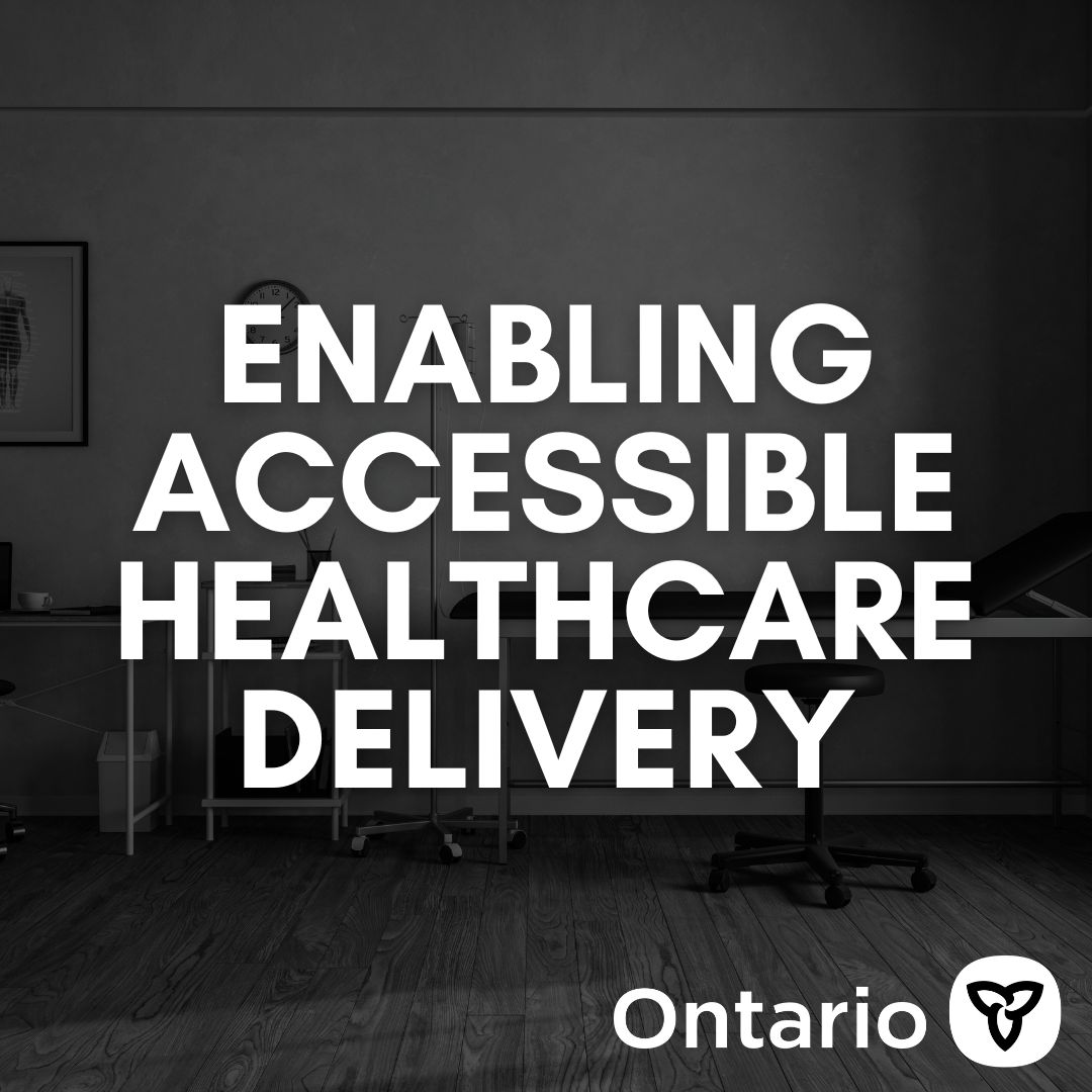 A dark black and white photo of a doctor's office is in the background. Text overtop reads, "Enabling Accessible Healthcare Delivery"