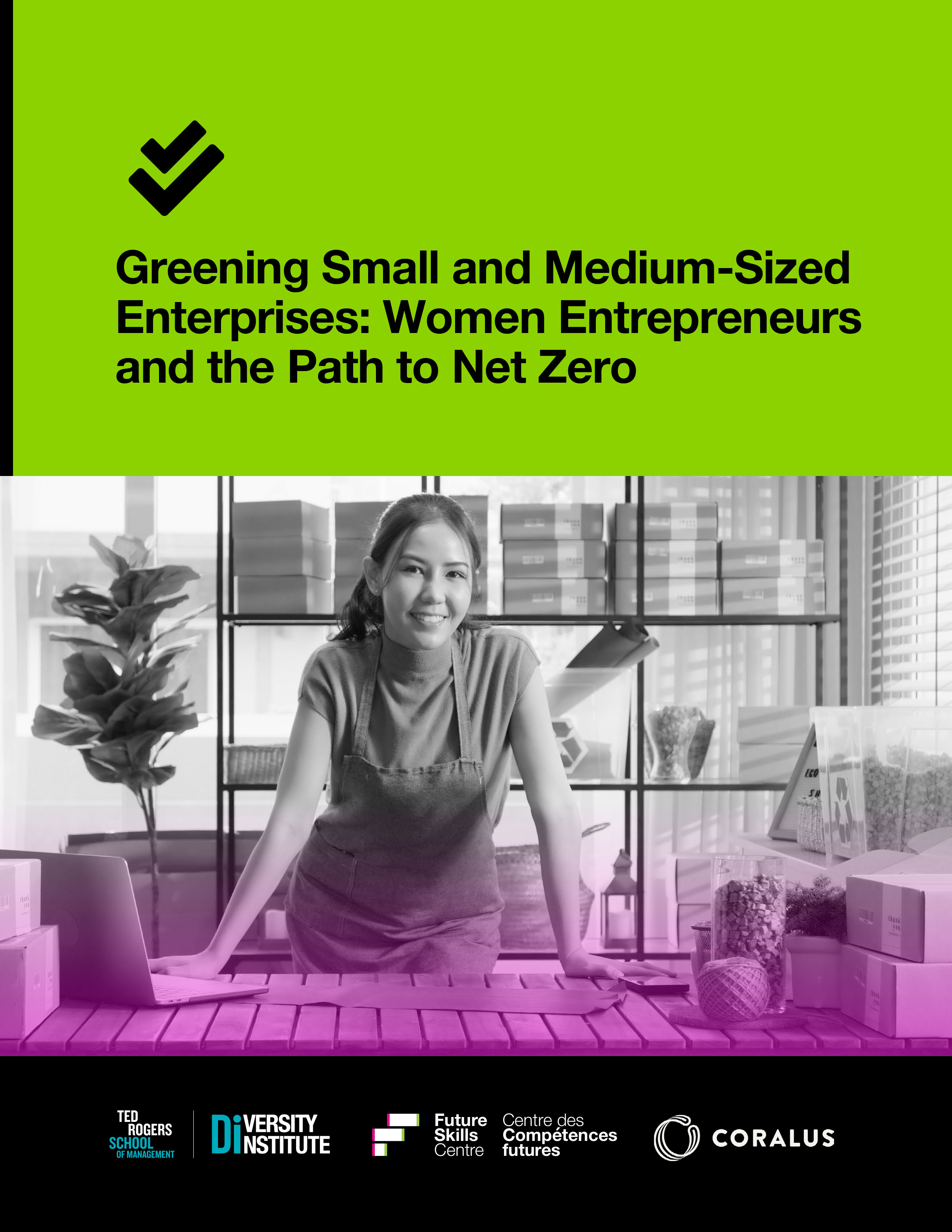 A young woman entrepreneur smiles proudly on the cover of the Greening Small and Medium-Sized Enterprises report. 