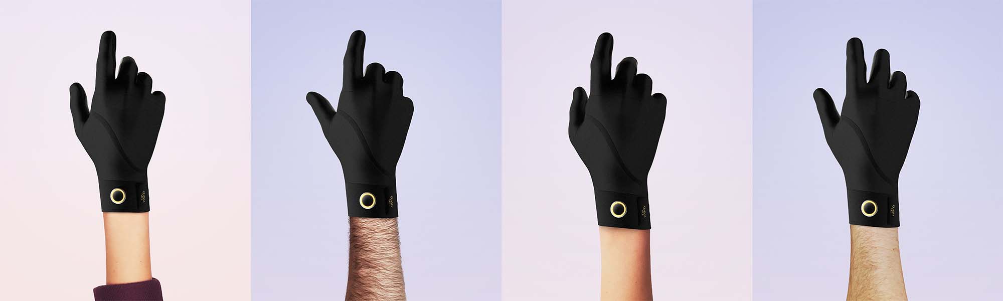 Four men's hands wear Quanta Vici smart heated black gloves