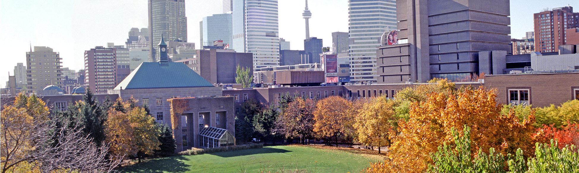 Ryerson fall campus with city skyline