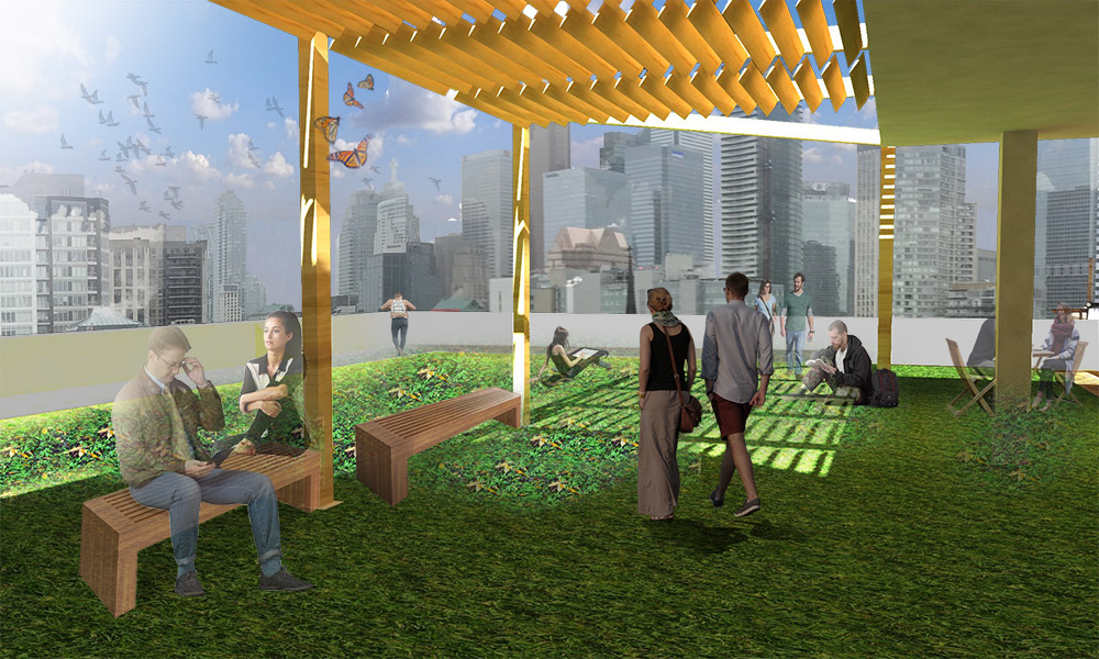 Render of a green roof with people walking around