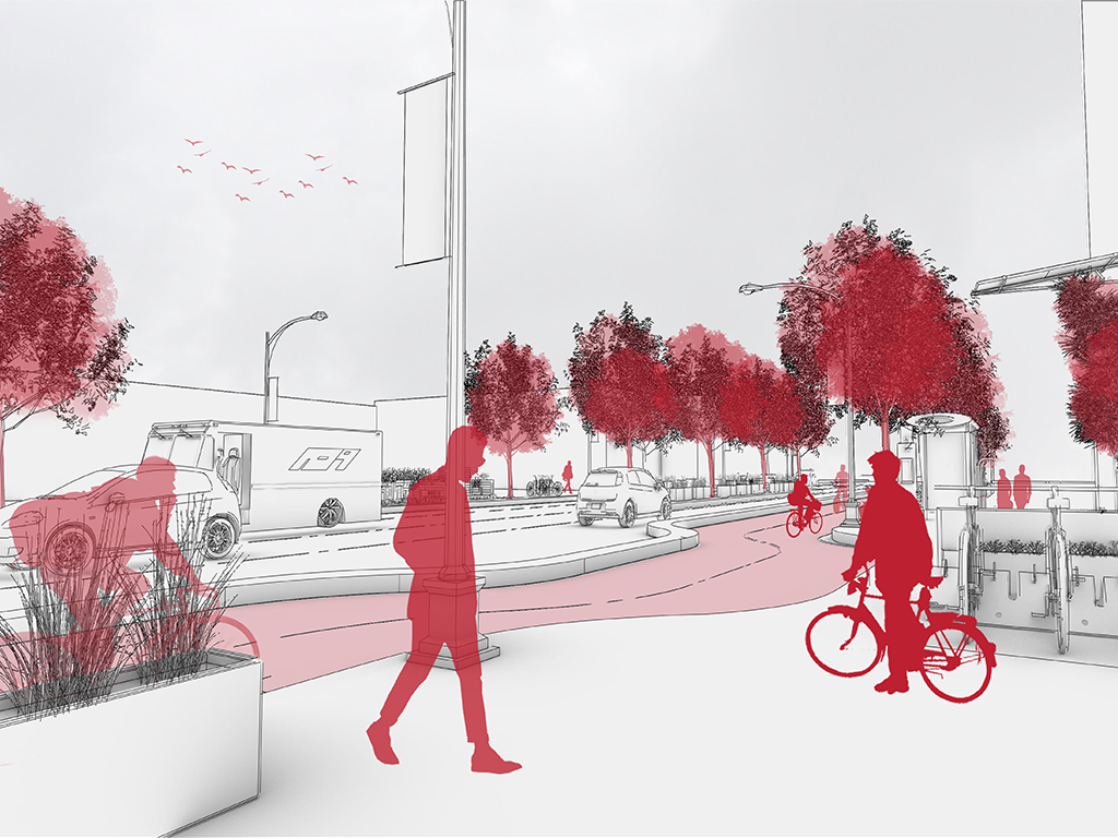 A white, red, and black design concept of a three-block section of Las Vegas, Nevada featuring pedestrians walking and biking