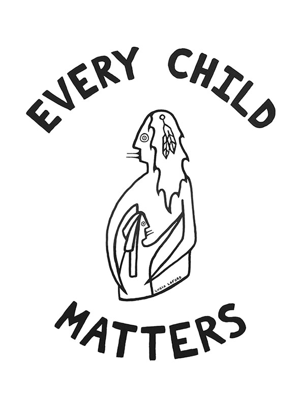 An illustration of a person embracing a child, with the words "Every child matter"
