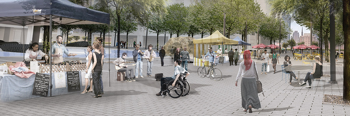 Rendering facing west on Gould Street, with mature landscaping in the boulevard and building planters replaced with pavers to extend the pedestrian area.
