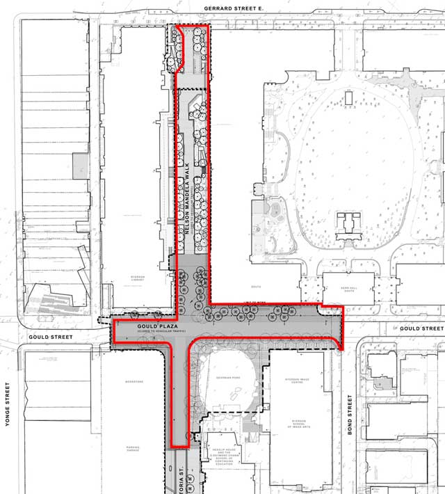 Map of campus core indicating construction fence line as described in text.
